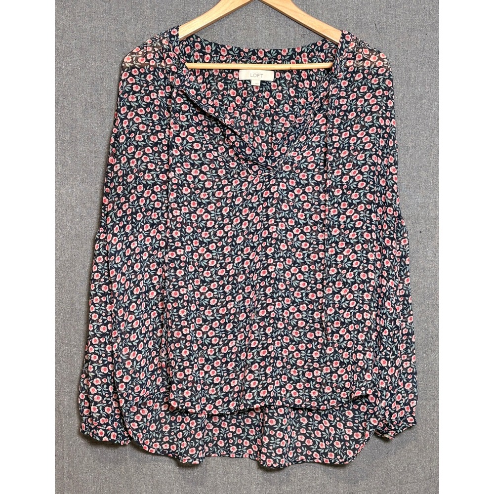 LOFT Womens Large Floral Blouse Navy Blue Pink Rose Split Neck‎ Tie Long Sleeve